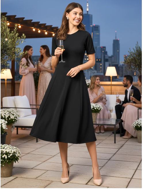 Home Stretchable Flared-Skirt Ribbed Dress