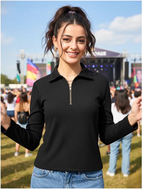 Home Stretchable Full Sleeves Front Zip Up Top