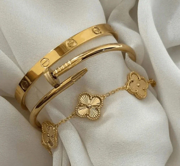 The Ultimate Golden Stack – 3 Pc Combo (Clover, Nail & Screw Bangle) | Anti-Tarnish & Waterproof