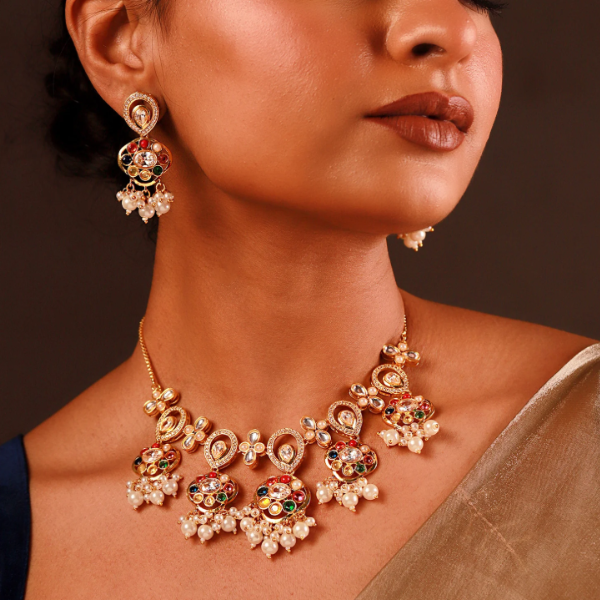 Navratan Fluid Elegance Short Necklace Set