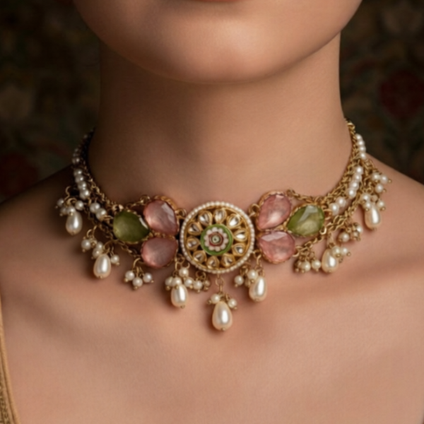 TARUNIMA – FRESHNESS- SIMPLE GRACEFUL CHOKER NECKPIECE WITH GEMSTONES, KUNDAN AND PEARLS